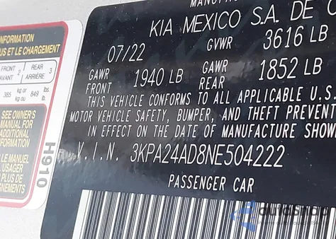 2022 Kia Rio Lx from USA, damaged, VIN 3KPA24AD8NE504222